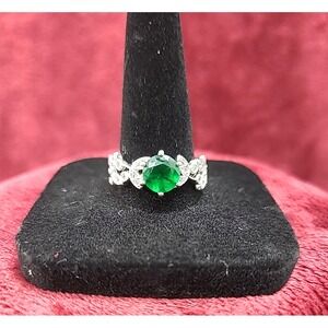 Silvertone Faux Emerald with Rhinestones  Ring